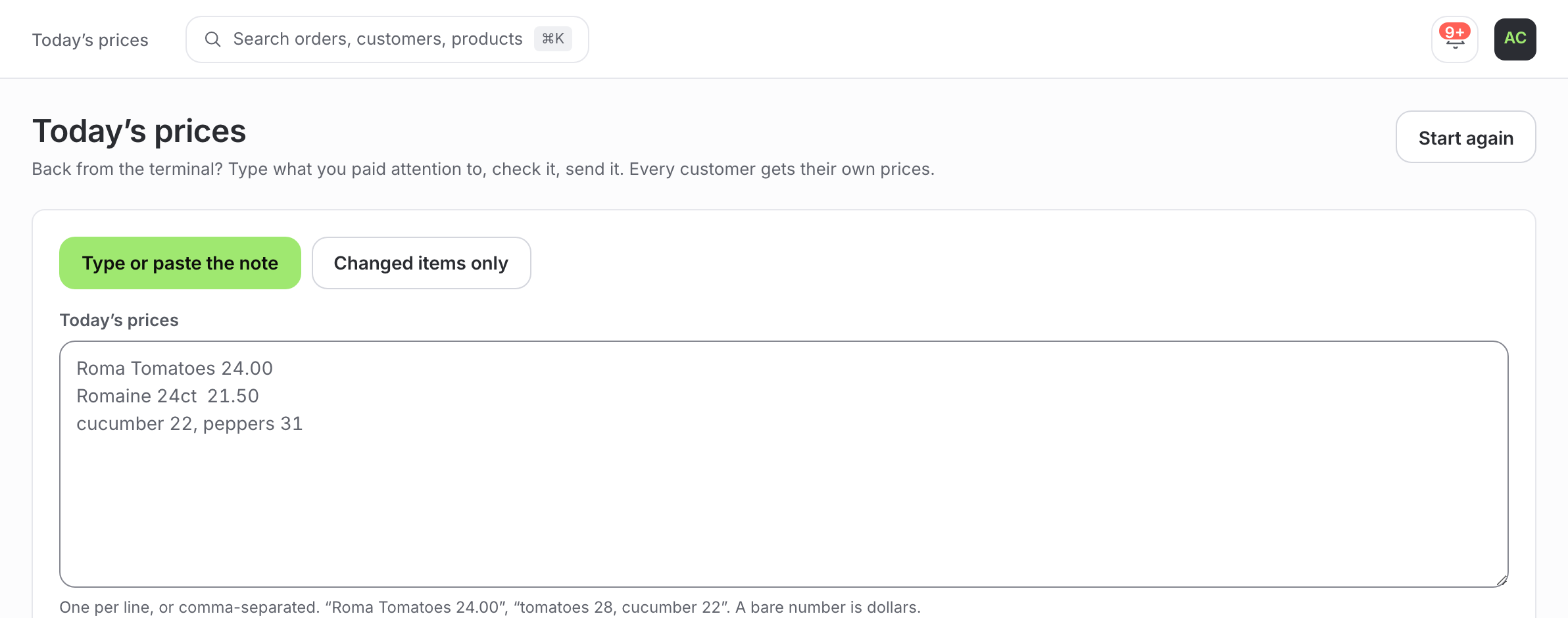 Today's prices: the supplier has typed three lines back from the terminal — “Roma Tomatoes 24.00”, “Romaine 24ct 21.50”, “cucumber 22, peppers 31” — with Check it waiting before anything is sent.