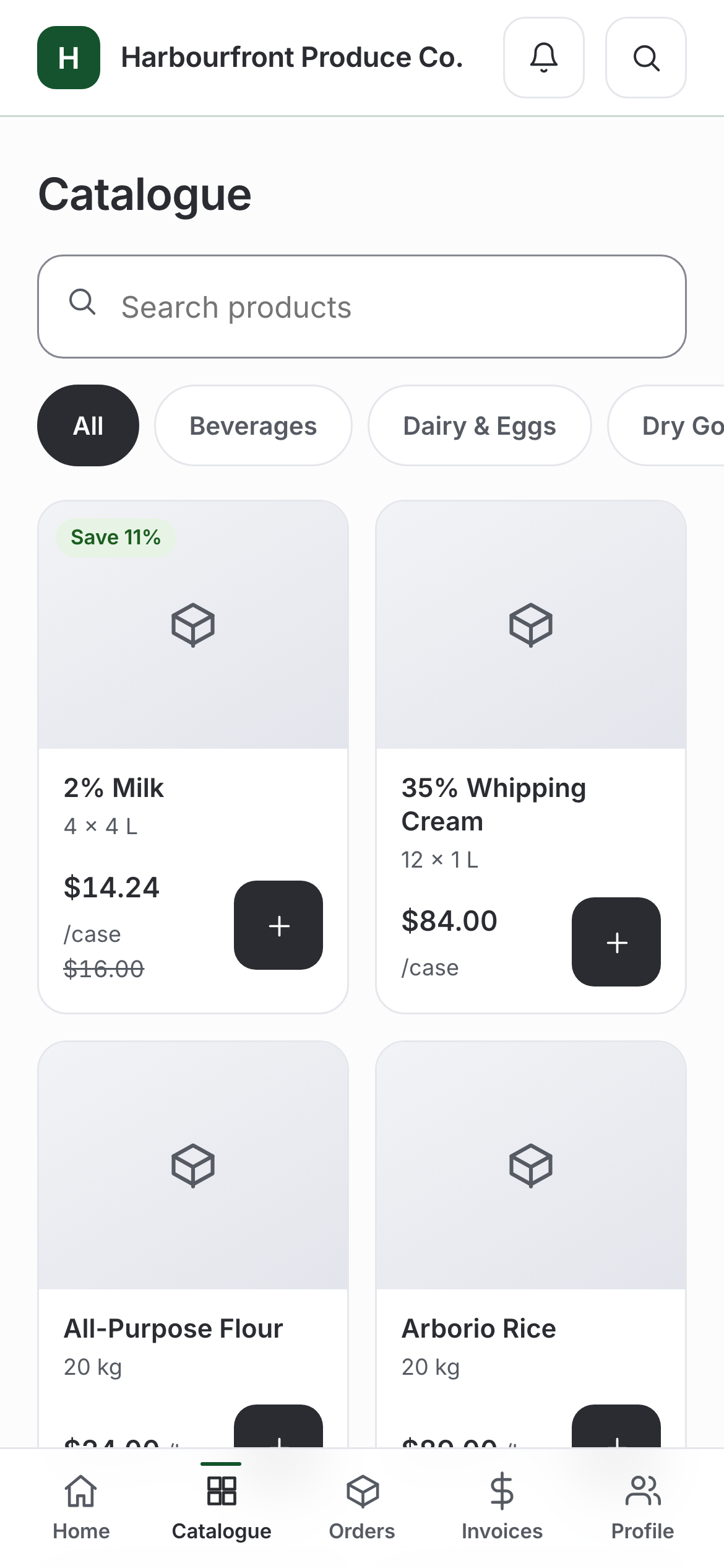 The buyer's phone: Harbourfront Produce Co.'s own storefront, with 2% Milk at $14.24 a case marked Save 11% over the $16.00 list price — the price this customer negotiated, not a public one.
