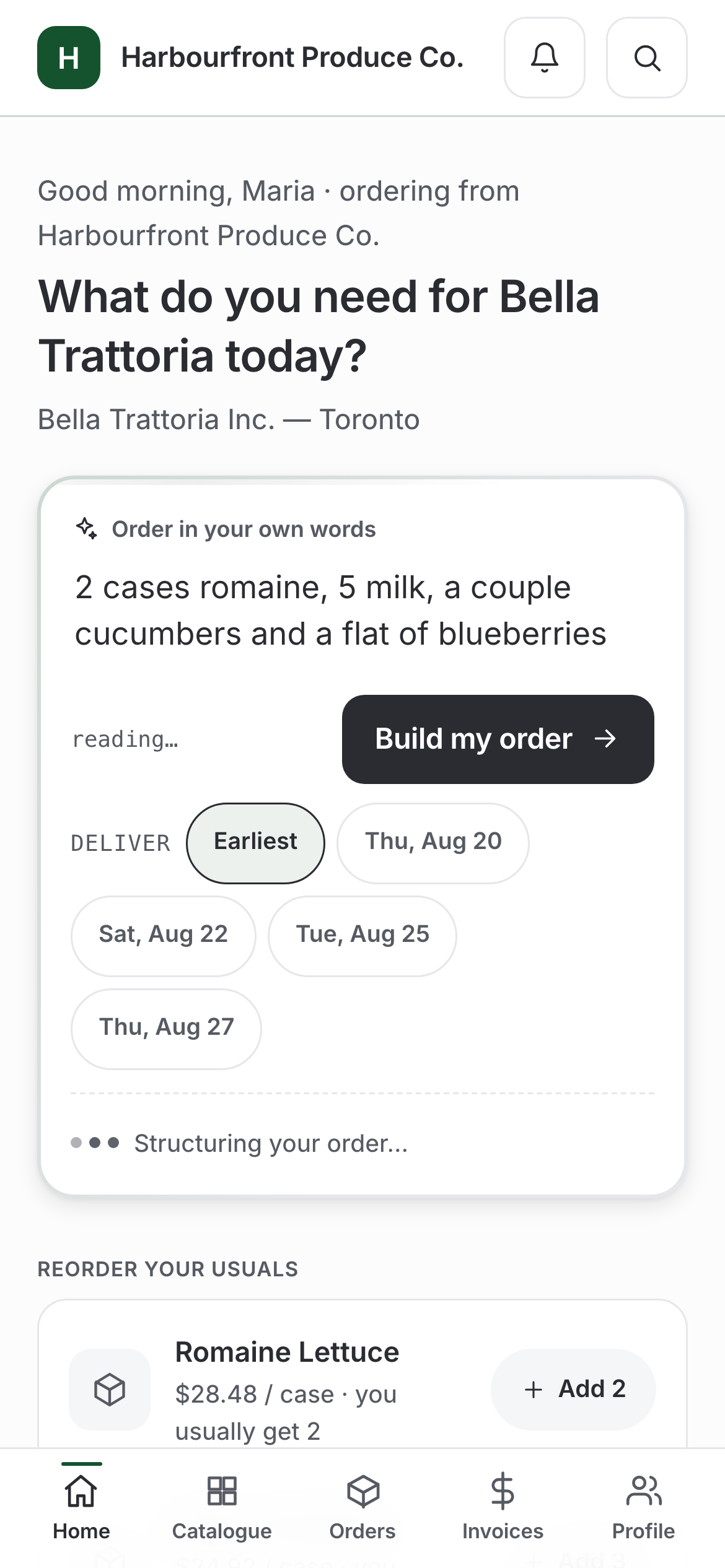 The same supplier's storefront on a customer's phone, in the supplier's own name and colours: Maria has typed “2 cases romaine, 5 milk, a couple cucumbers and a flat of blueberries” in her own words and Supligo is structuring it into an order.